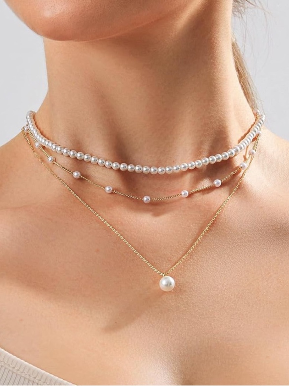 Layered Pearl and Gold Necklace Set - Elegant White Pearls - 14 Gold Plated